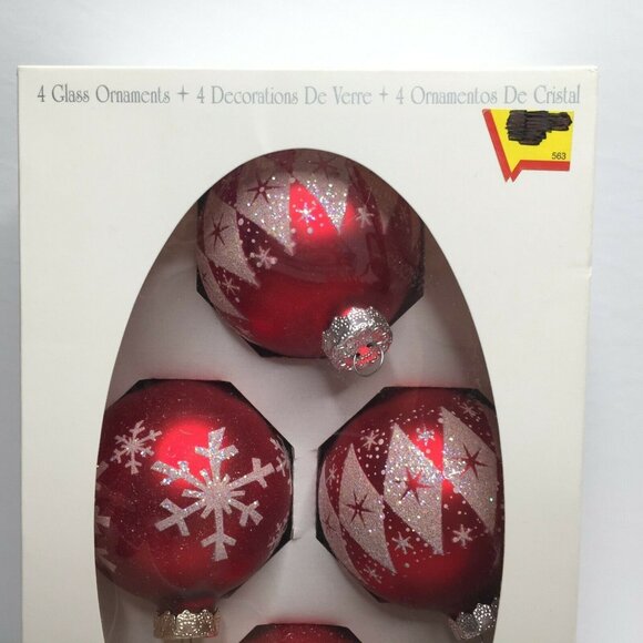 The Victoria Collection 4 Glass Red Ball Christmas Tree Ornaments Glitter Snow - Picture 3 of 6